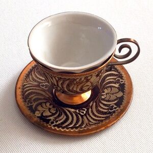 Elegant Turkish Inspired Copper and Porcelain Teacup with Saucer